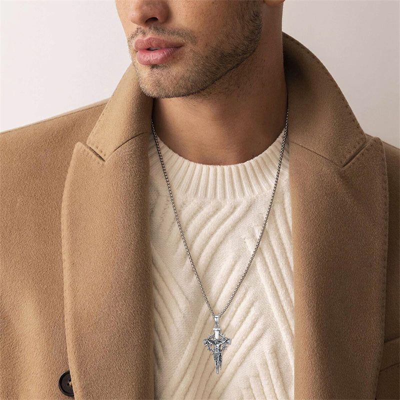 Sterling Silver Nail Cross Pendant Necklace for Men