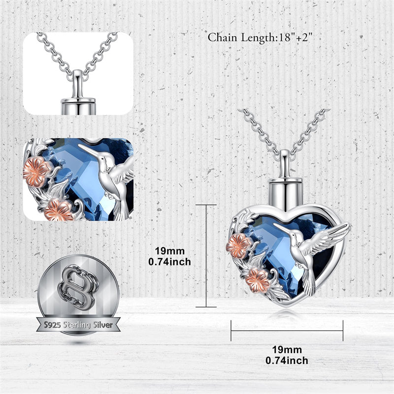 Sterling Silver Crystal Hummingbird Urn Necklace for Ashes