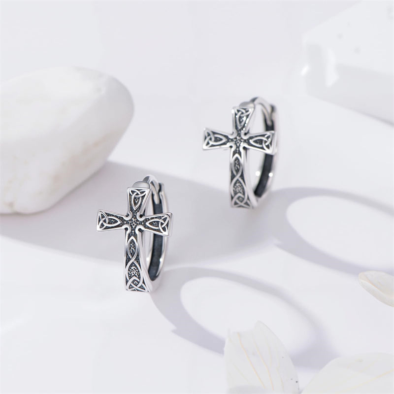 Sterling Silver Celtic Cross Hoop Dangle Earrings