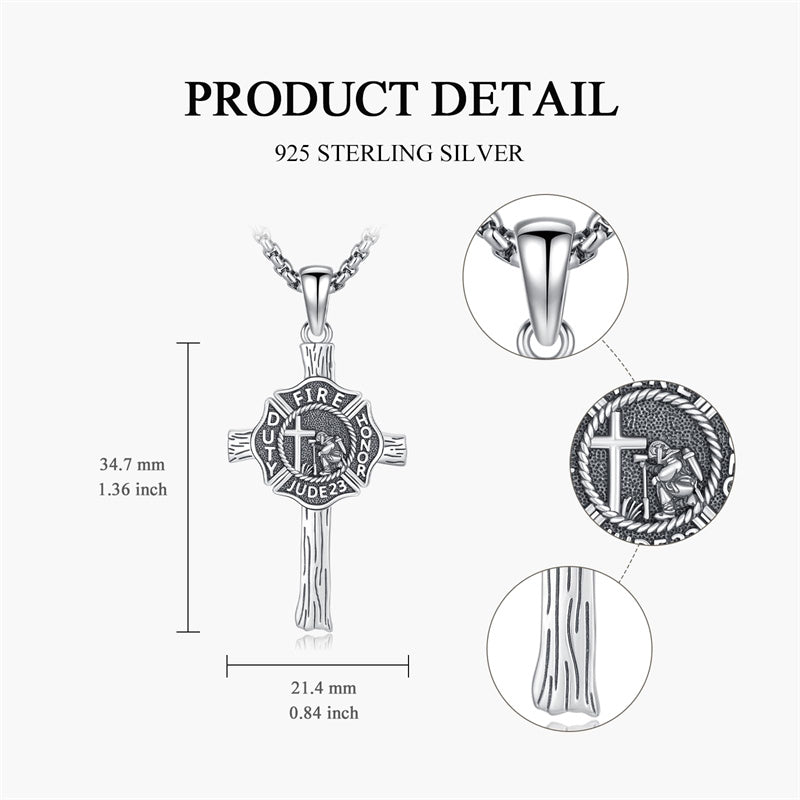 Sterling Silver Firefighter & Cross Pendant Necklace  for Men