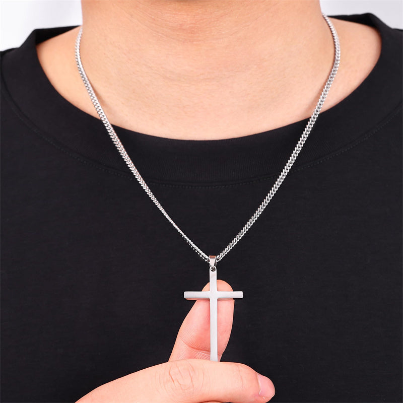 Sterling Silver Cross Pendant Necklace with 3.0mm Stainless Steel Cuban Chain