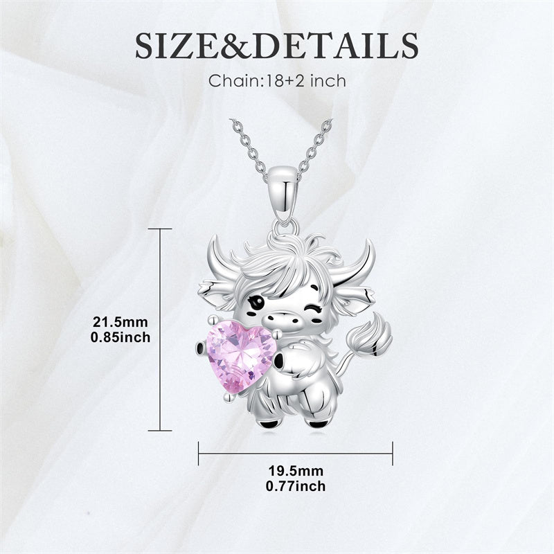 Sterling Silver Heart  Birthstone Highland Cow Pendant Necklace
