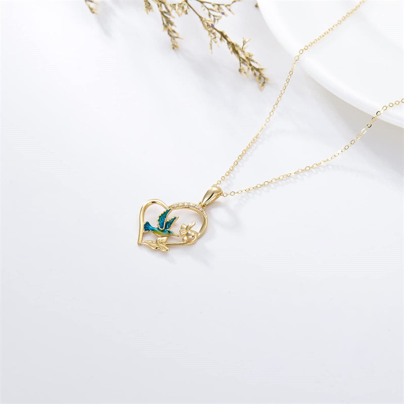 14K Gold Hummingbird Heart Pendant Necklace