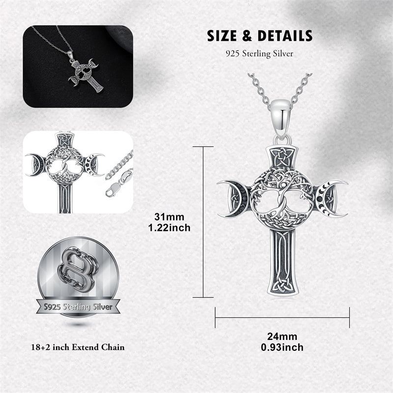 Sterling Silver Shark Fish Hook Triple Moon Cross Pendant Necklace