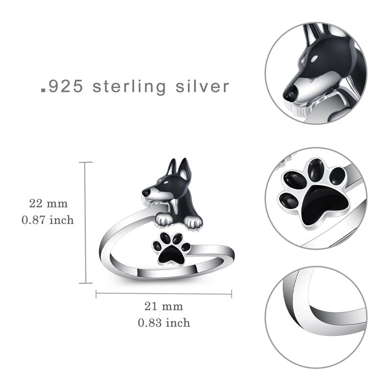 Sterling Silver Black Pug Doberman Boston Terrier Beagle Adjustable Ring