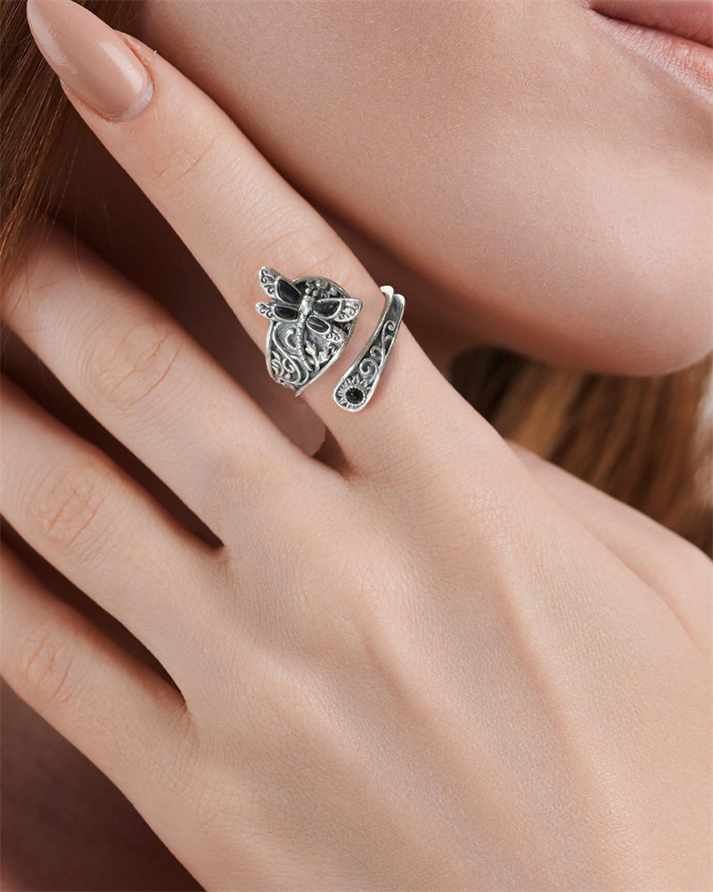 Sterling Silver Vintage Black Onyx Dragonfly Sunflower Spoon Ring and Turquoise Dragonfly Stud Earrings Set