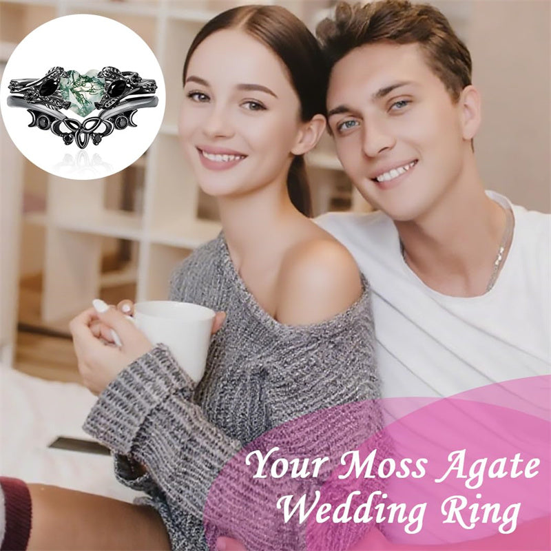 Sterling Silver Black Heart Moss Agate Engagement Wedding Ring Set for Women