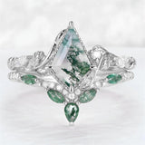 Sterling Silver 10K 14K 18K Gold  Personalized  Engraved Natural Moss Agate Engagement Bridal Wedding Ring Set