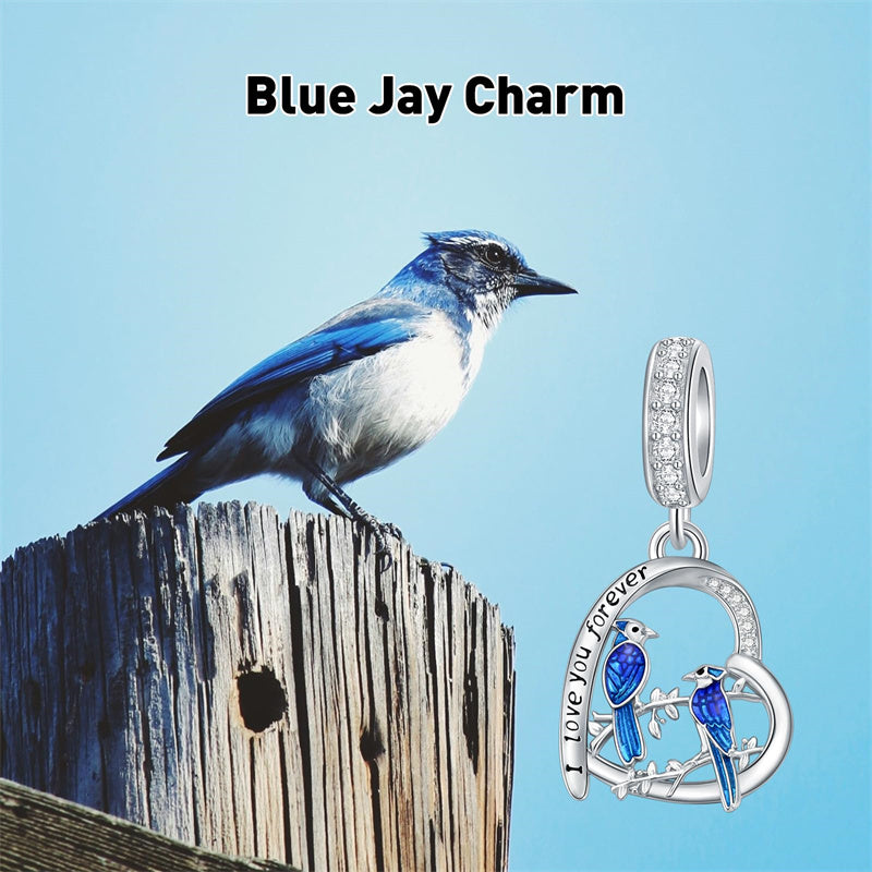 Sterling Silver Blue Jay  Charm Beads Engraved with I Love Forever
