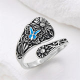 Sterling Silver Personalized Engraved Sunflower Bee Butterfly Adjustable Spoon Ring