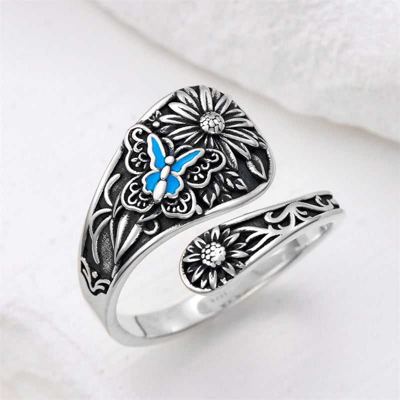 Sterling Silver Personalized Engraved Sunflower Bee Butterfly Adjustable Spoon Ring