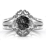 Sterling Silver 10K 14K 18K Personalized Engraved 2CT Natural Black Rutilated Quartz Engagement Ring Set