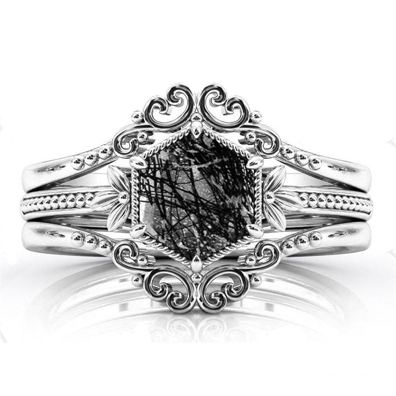 Sterling Silver 10K 14K 18K Personalized Engraved 2CT Natural Black Rutilated Quartz Engagement Ring Set