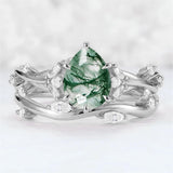 Sterling Silver 10K 14K 18K Gold  Personalized  Engraved Natural Moss Agate Engagement Bridal Wedding Ring Set