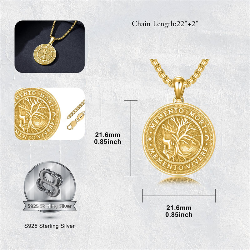 Sterling Silver Memento Mori Gothic Skull Amulet Pendant Necklace for Men