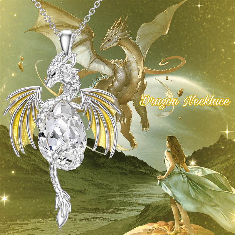 Sterling Silver Teardrop Shaped Crystal Wyvern Dragon Pendant Necklace