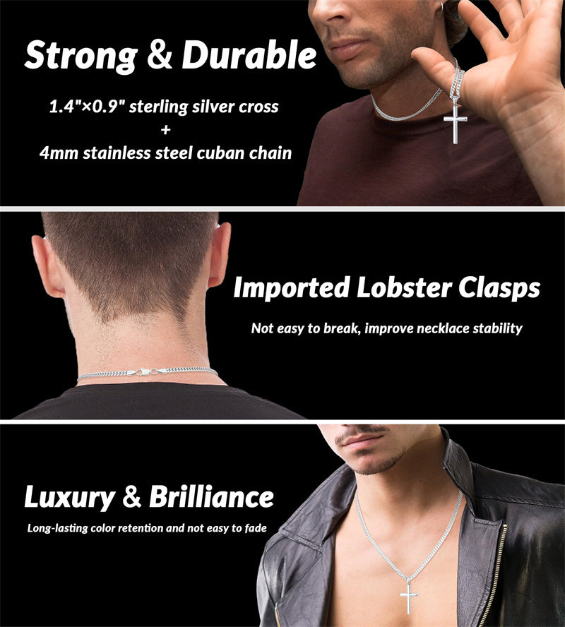 Sterling Silver Cross Necklace for Men with Stainless Steel Cuban Chain Necklace