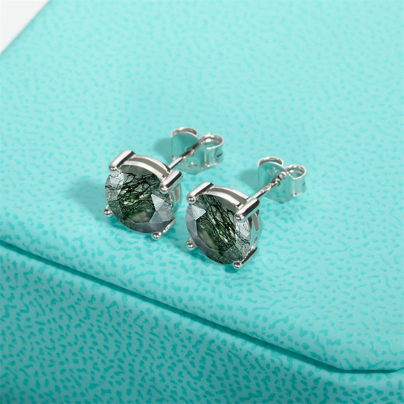 Sterling Silver Natural Moss Agate Stud Earrings