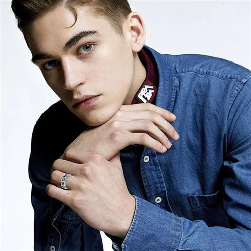 Sterling Silver Personalized Birthstone Engraved Pattern Class Band Ring For Men