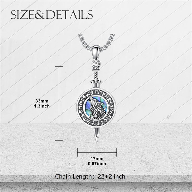 Sterling Silver Abalone Shell Viking Wolf Pendant Necklace