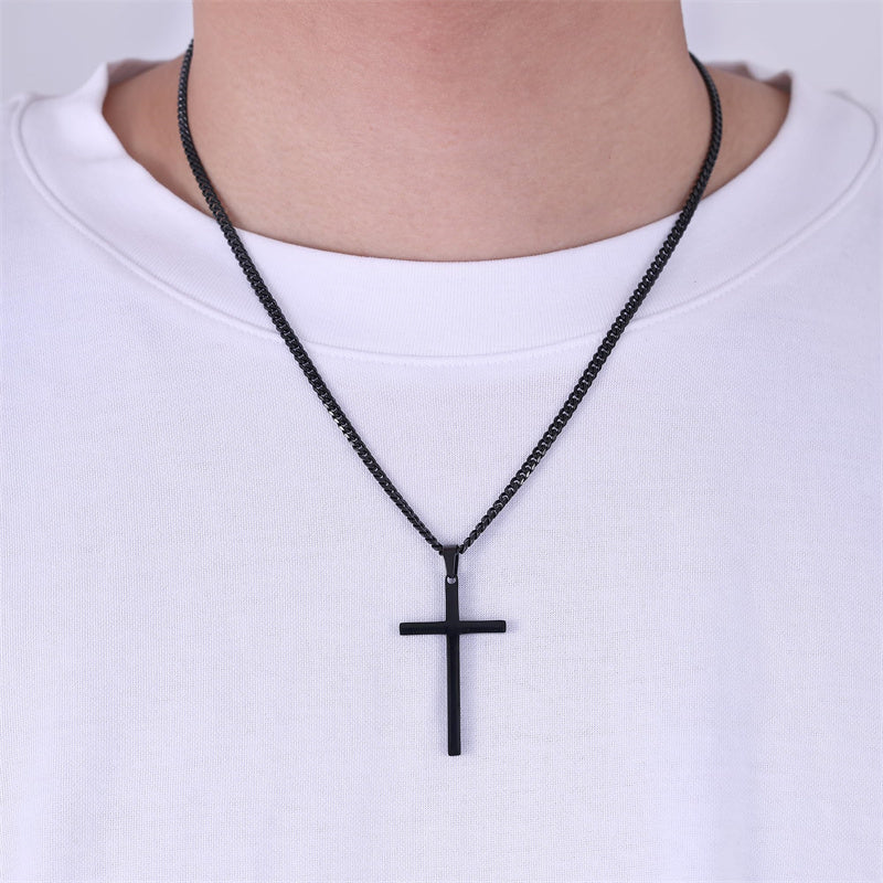 Sterling Silver Cross Pendant Necklace with 3.0mm Stainless Steel Cuban Chain