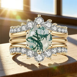 Sterling Silver Round Natural Moss Agate Couples Promise Wedding Ring Set