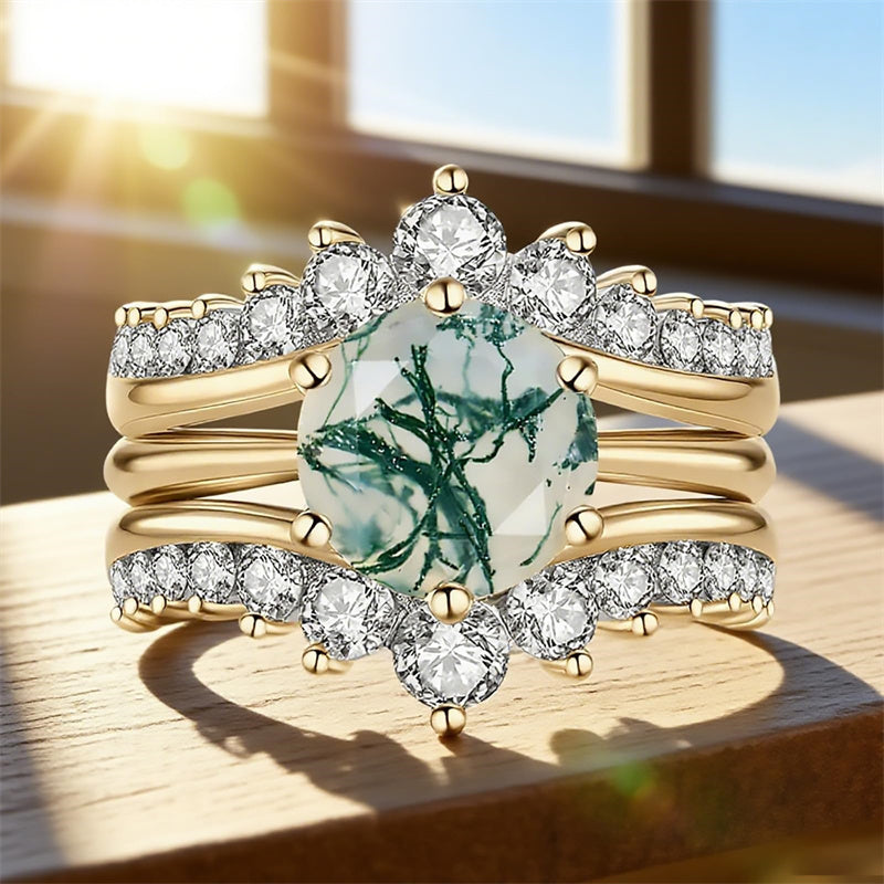 Sterling Silver Round Natural Moss Agate Couples Promise Wedding Ring Set