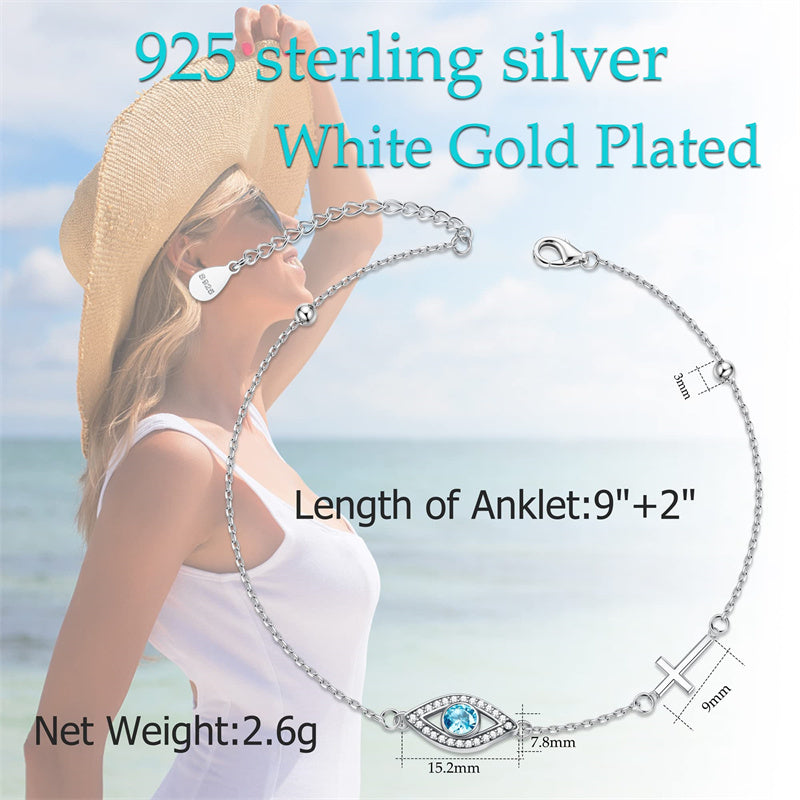 Sterling Silver Evil Eye with Cross Single Layer Anklet