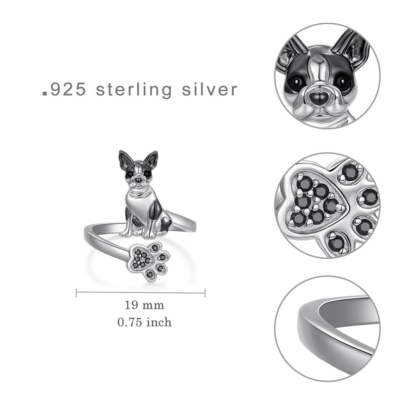 Sterling Silver Black Pug Doberman Boston Terrier Beagle Adjustable Ring