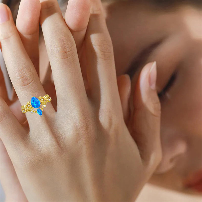 Sterling Silver 10K 14K 18K Gold Pear Cut Gemstone Leaf  Engagement Ring Set