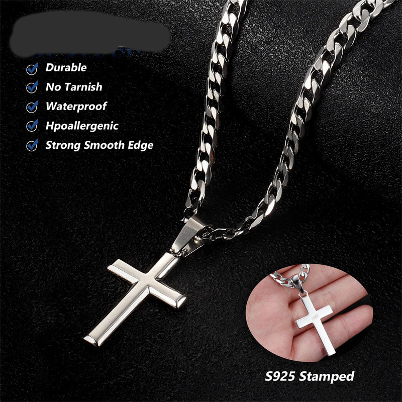 Sterling Silver Cross Pendant Necklace with 5mm Stainless Steel  Cuban Link Chain
