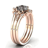 Sterling Silver 10K 14K 18K Personalized Engraved 2CT Natural Black Rutilated Quartz Engagement Ring Set