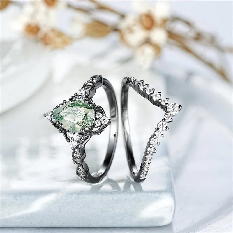 Sterling Silver Pear Natural Moss Agate Engagement Ring Set Wedding Ring