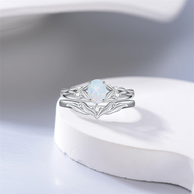 Sterling Silver 10K 14K 18K Gold  Oval Cut Unique Vine Gemstone Wedding Ring Set