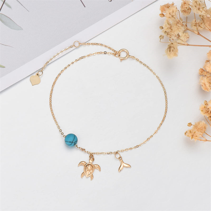 14K Gold Turtle Turquoise Single Layer Anklet