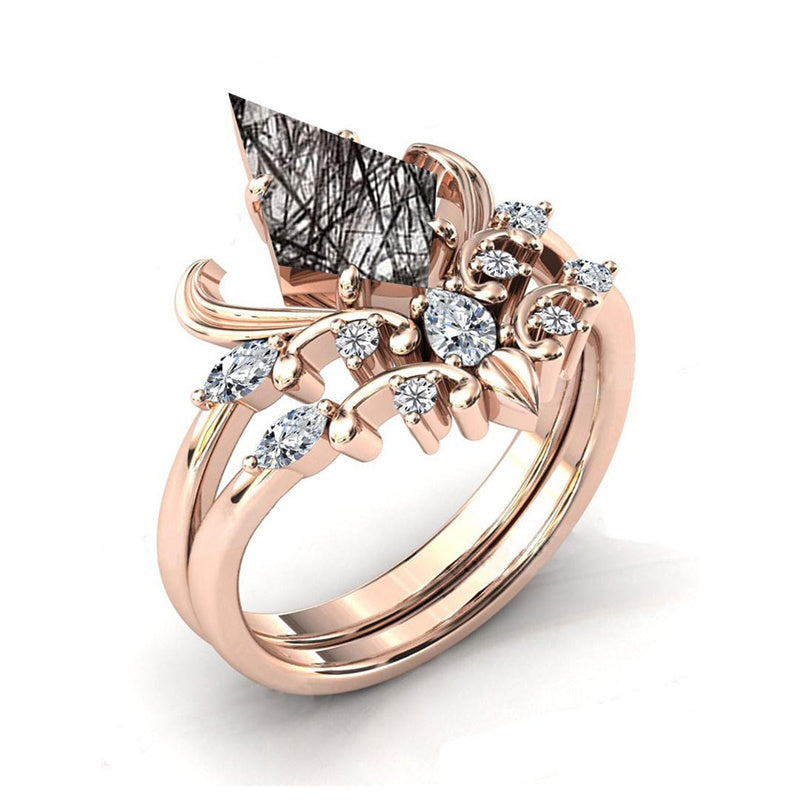 Sterling Silver 10K 14K 18K Personalized Engraved 2CT Natural Black Rutilated Quartz Engagement Ring Set