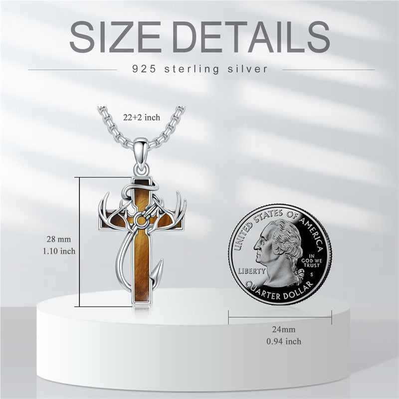 Sterling Silver Fish Hook Cross Pendant Necklace for Men