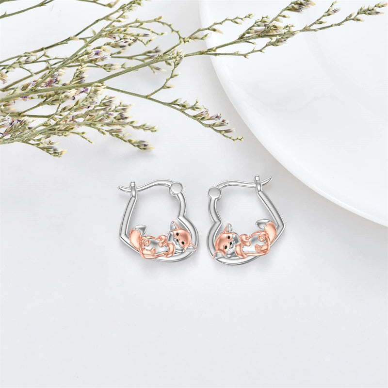 Sterling Silver Fox Frog Leopard Peacock Puppy Animal Hug Hoop Earrings