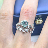 Sterling Silver Pear Kite Round Oval Cut Natural Moss Agate Leaf Engagement Wedding Promise Ring Set