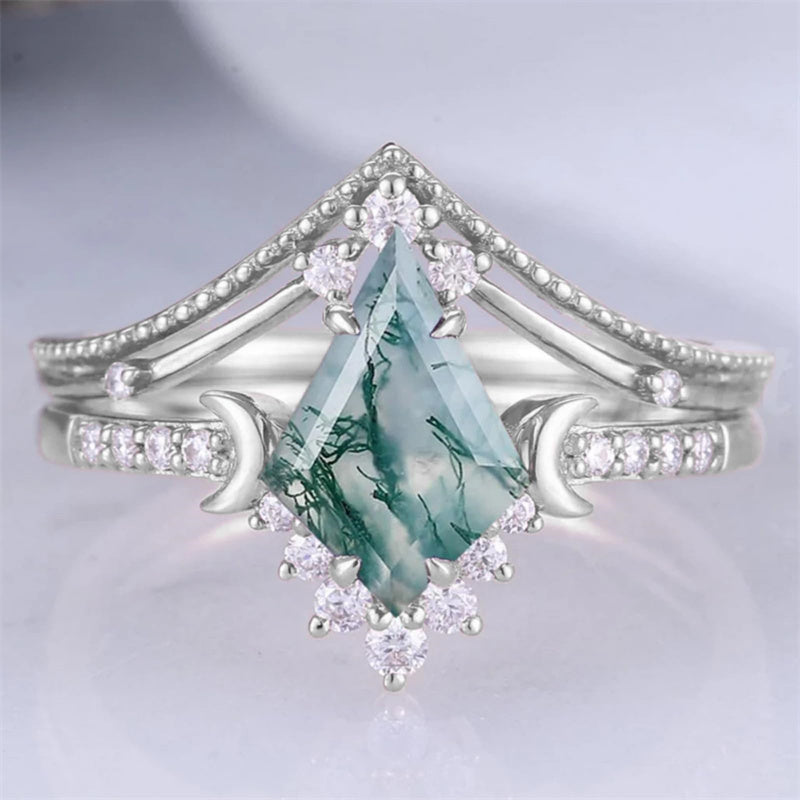 Sterling Silver 10K 14K 18K Gold  Personalized  Engraved Natural Moss Agate Engagement Bridal Wedding Ring Set