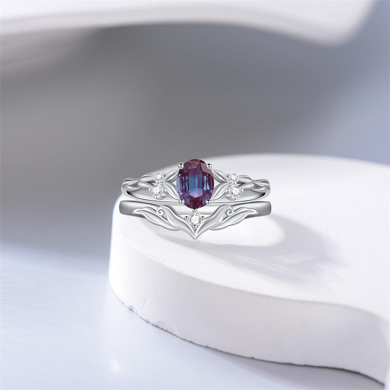 Sterling Silver 10K 14K 18K Gold  Oval Cut Unique Vine Gemstone Wedding Ring Set