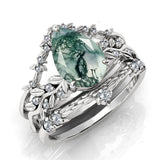 Sterling Silver Personalized Engraved Pear Moss Agate Engagement Black Ring Set Bridal Rings Set