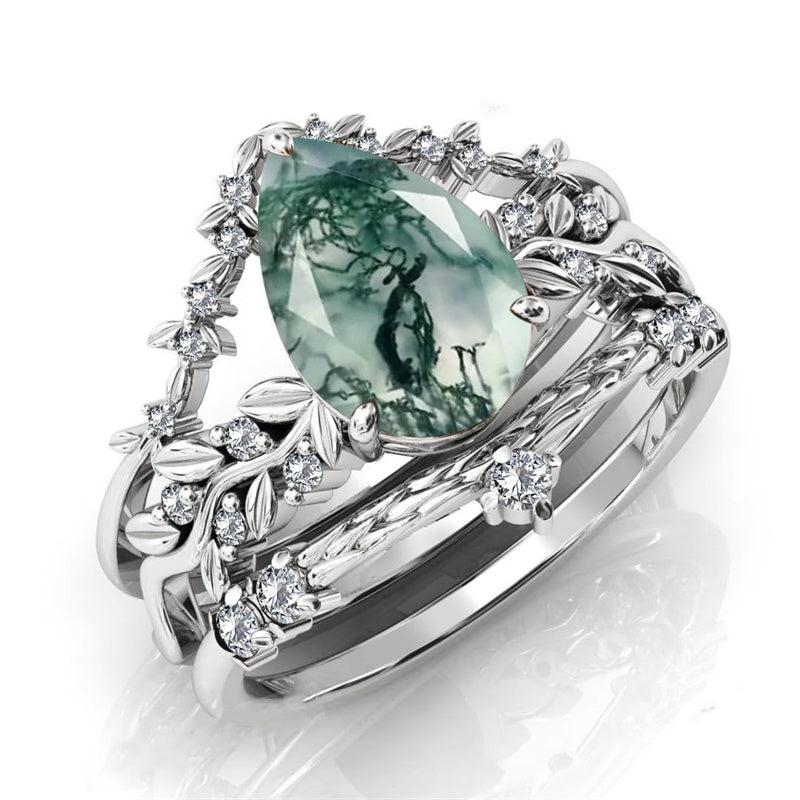 Sterling Silver Personalized Engraved Pear Moss Agate Engagement Black Ring Set Bridal Rings Set