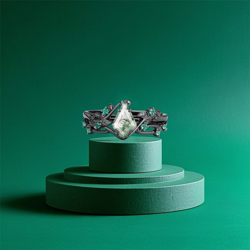 Sterling Silver 10K 14K 18K Gold  Personalized  Engraved Pear Kite Round Cut Moss Agate Engagement Ring Set