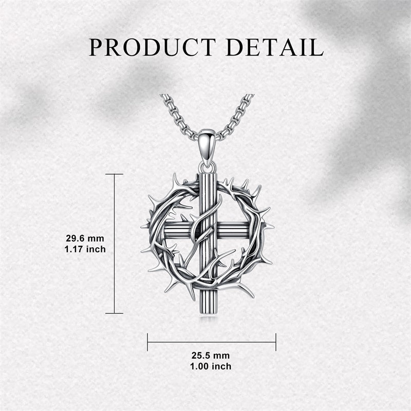 Sterling Silver Crown of Thorns Crucifix Cross Pendant Necklace for Men