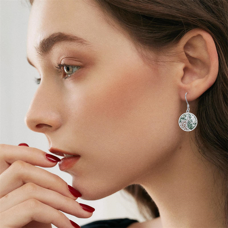 Sterling Silver Round Moss Agate Filigree Dangle Earrings