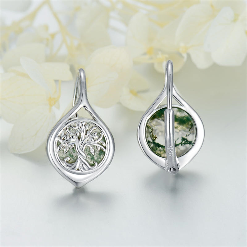 Sterling Silver Moss Agate Tree of Life Leverback Earrings