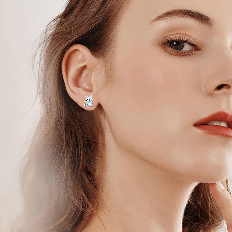 Sterling Silver Moonstone Axolotl Dog Cat Stud Earrings