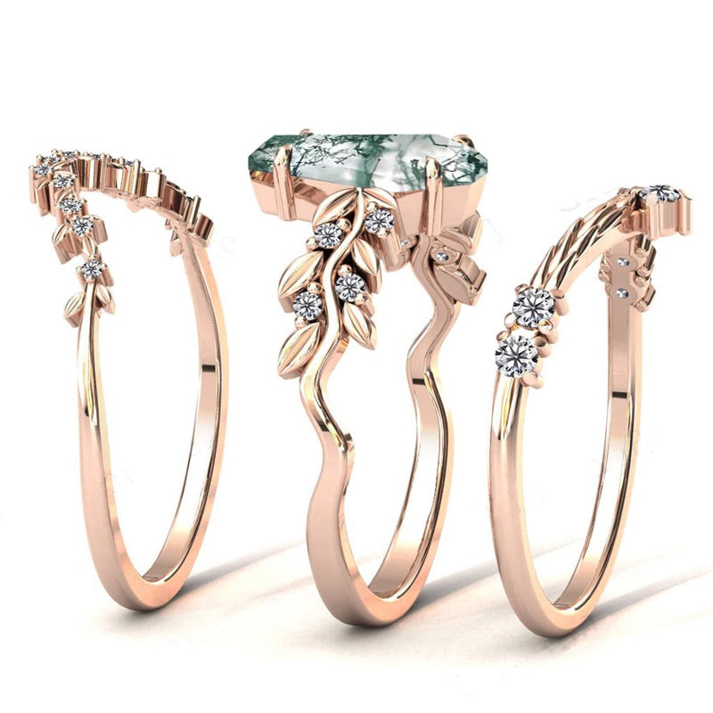 Sterling Silver Personalized Engraved Hexagon Moss Agate Engagement Black Ring Set Bridal Rings Set