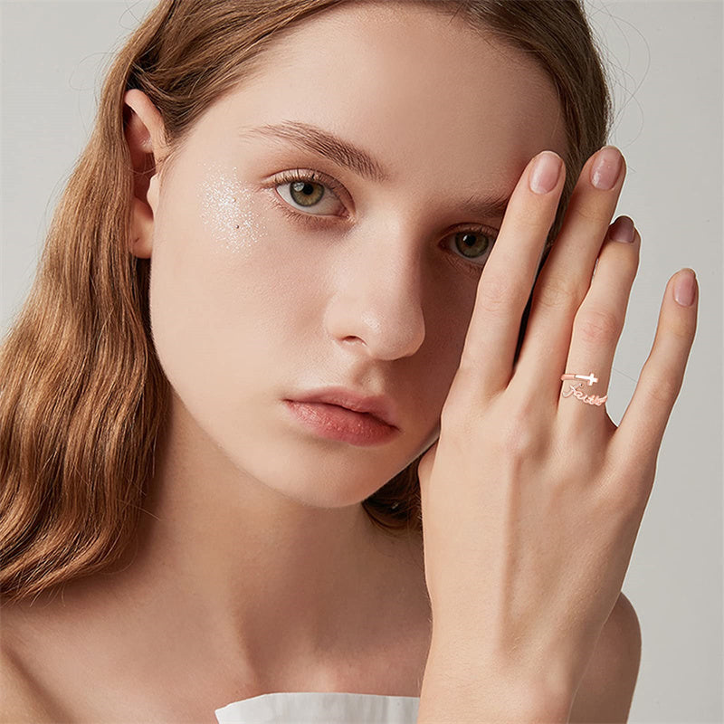 Sterling Silver Adjustable Cross Inspirational Ring With Engraved